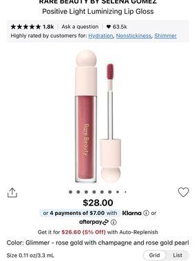 Brand new Rare Beauty Positive Light Luminizing Lip Gloss — Glimmer full size
